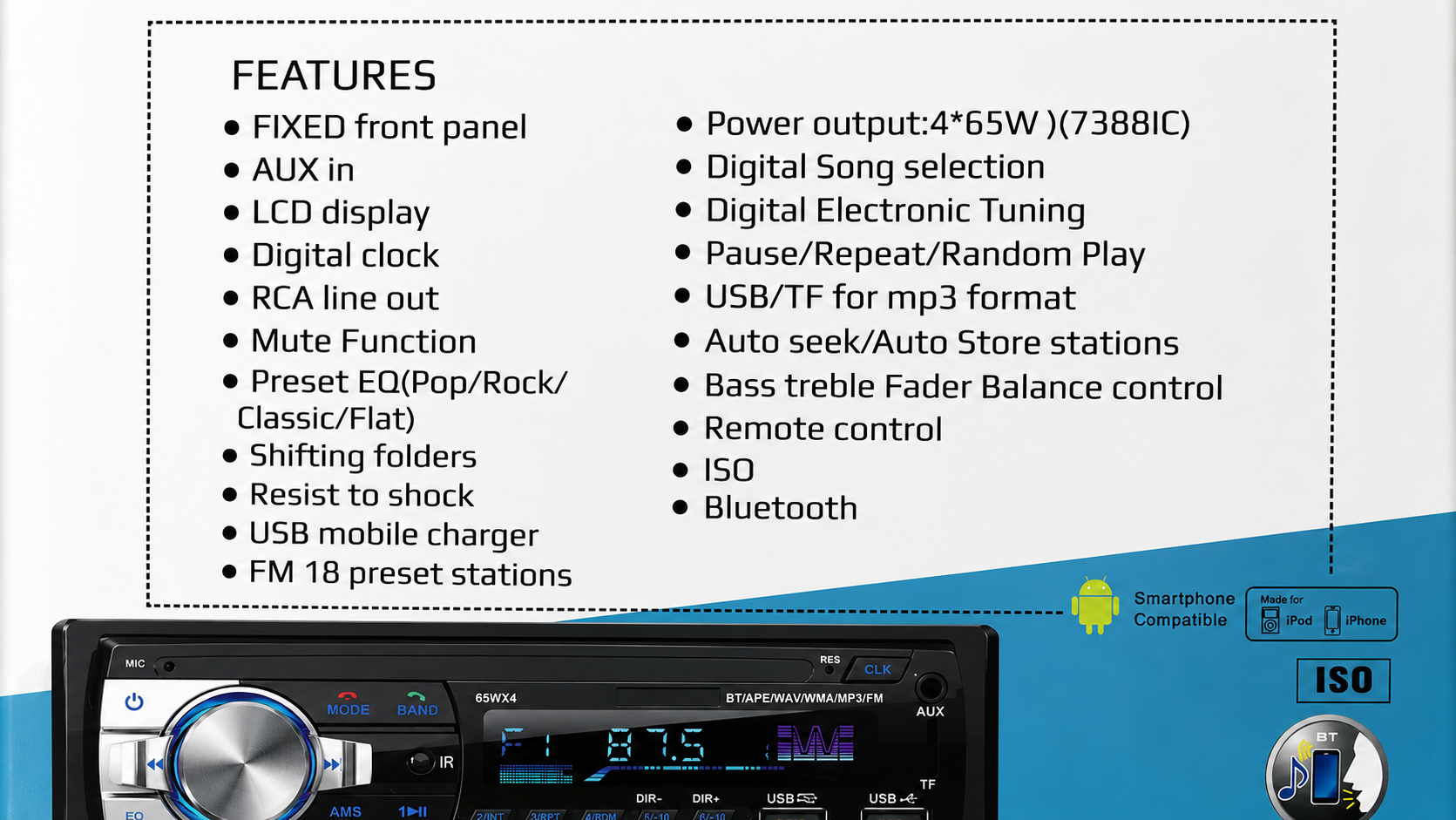 Bluetooth 1 DIN autórádió – USB, TF, AUX, FM rádió, távirányítóval