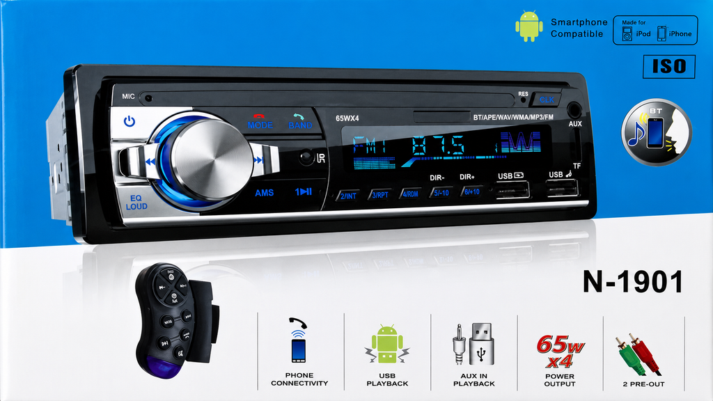 Bluetooth 1 DIN autórádió – USB, TF, AUX, FM rádió, távirányítóval