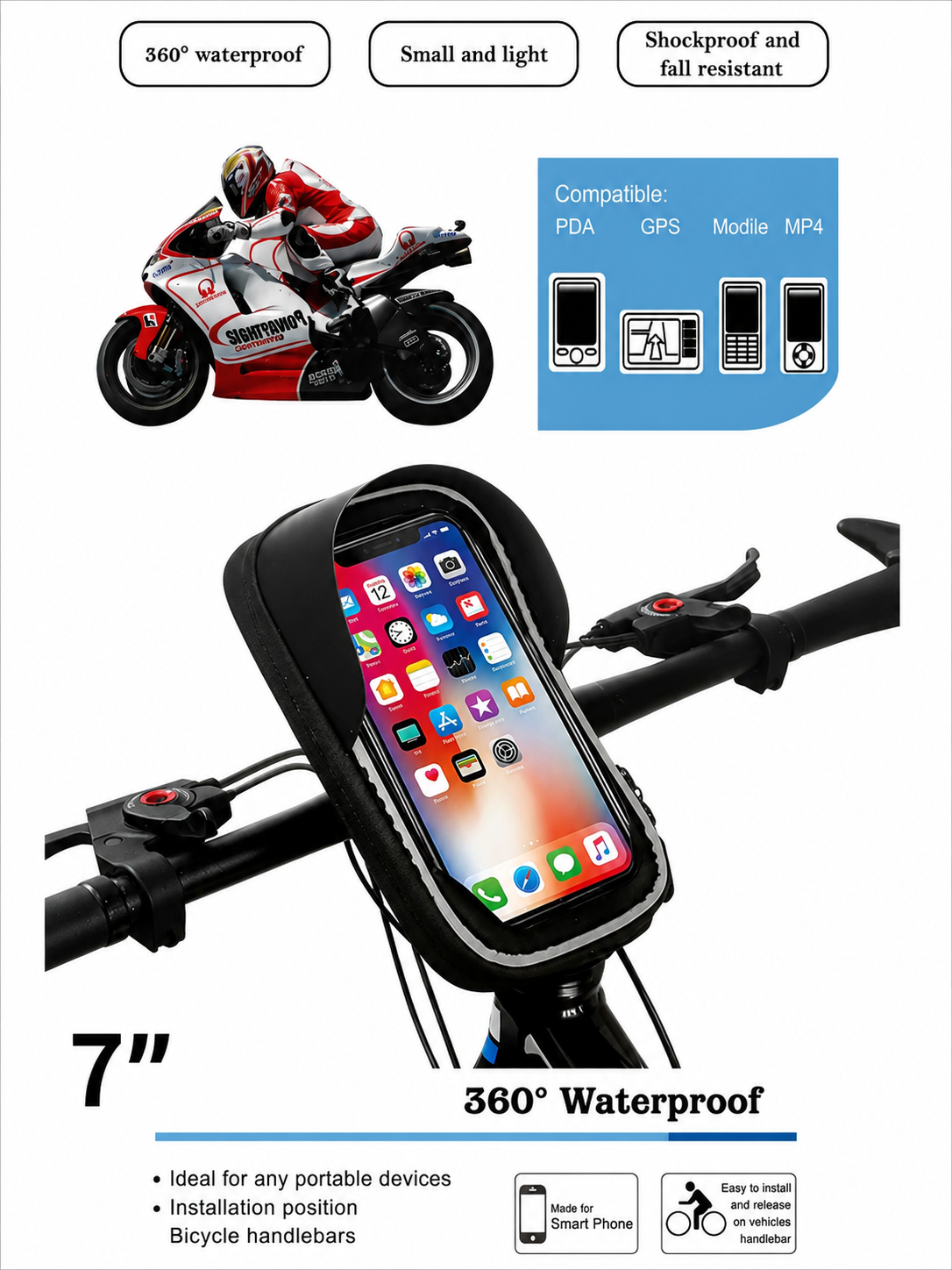 7 colos vízálló motoros / kerékpáros telefontartó tok