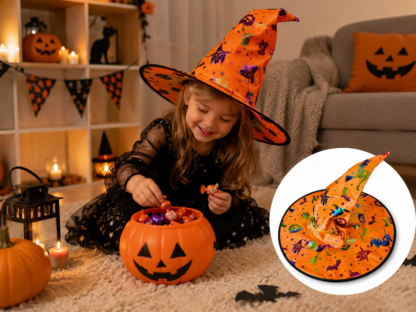 Halloween Boszorkány Kalap Színes Mintával