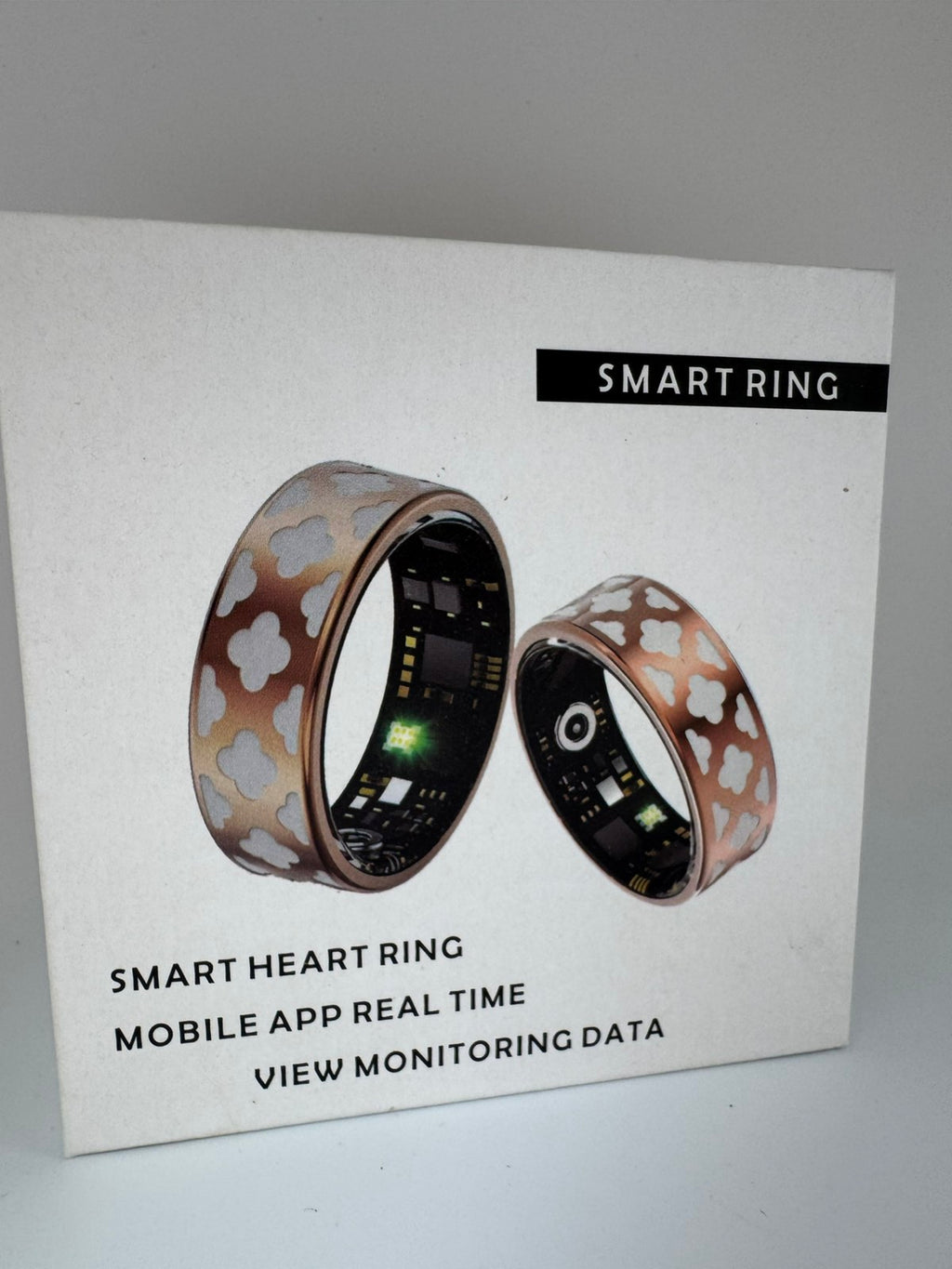 Smart Heart Ring okosgyűrű 9-es méret – fehér rózsaarany lóhere mintás, töltőtokkal